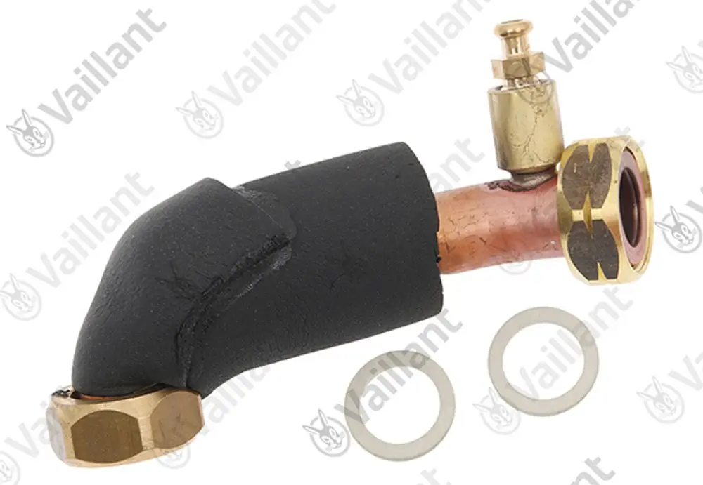 Vaillant Rohr mit Kupferanschlüssen und einer gummierten Umhüllung, ergänzt mit zwei Dichtscheiben. Verwendung in Heizungs- oder Pumpensystemen.